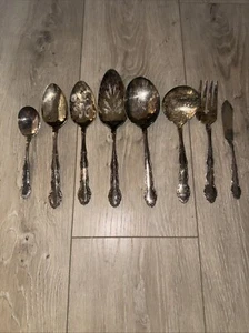 8 Pc Serving Spoons Ladle Fork Rogers Oneida Flirtation 1959 vintage Silverplate - Picture 1 of 5
