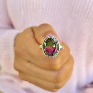 Watermelon Tourmaline Gemstone Ring 925 Sterling Silver Handmade Jewelry Gift - Picture 1 of 6