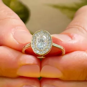 14K Solid Yellow Gold Oval Moissanite And Round Cut Engagement Ring Halo 1.20ctw - Picture 1 of 12