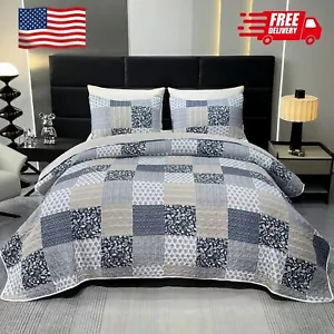 Oversized King Quilt Set (128x120) Grey Plaid Patchwork, Lightweight, Reversible - Picture 1 of 9