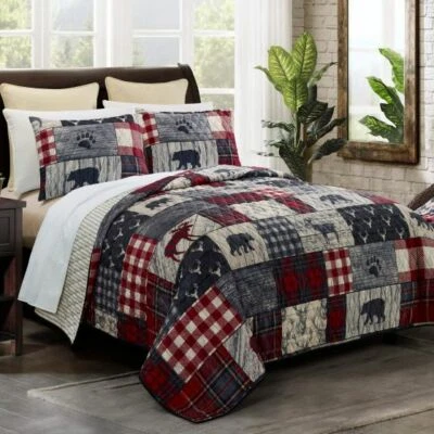 Donna Sharp Timber Quilt Set Bear Deer Lodge Rustic Reversible Red Buffalo Check - Image 1 of 4