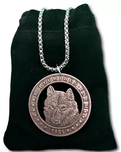 Cut Coin Necklace Lone Wolf Pack Wild Spirit Animal Art Hobo Nickel Dollar - Picture 1 of 2