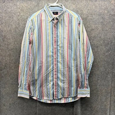 Camisa masculina Paul & Shark grande listrada amarela vermelha botão para baixo iatismo Preppy - Imagem 1 de 4