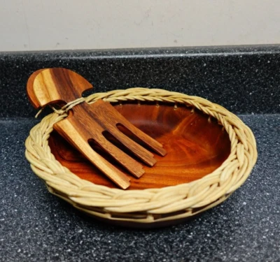 Solid Wood 8"  Salad Bowl with Bambo Salad Hands - Image 1 of 4