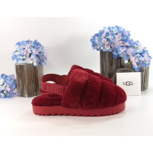 Sandali con slide UGG Fluff Oh Yea abito rosso pelle di pecora taglia 6 nuovi con scatola