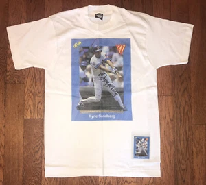 Vintage 1991 MLB Chicago Cubs Ryne Sandberg T-Shirt MEDIUM M & Baseball Card - Picture 1 of 9