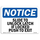 Przesuń, aby odblokować zatrzask, jeśli jest zablokowany, Push To Exit OSHA Znak powiadomienia Metal Plastik