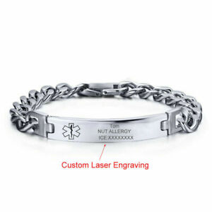 Mens Women Medical Alert ID Bracelet Stainless Steel Link Chain Laser Engraving