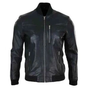 Mens Black Lambskin Leather Bomber Jacket - Picture 1 of 4