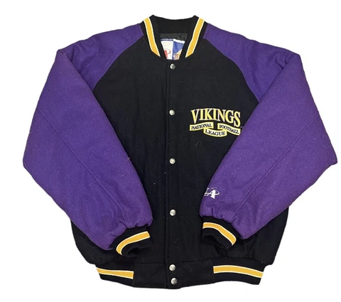 Vintage 90s Logo Athletic Minnesota Vikings Wool Blend Varsity Jacket Sz Medium Cover