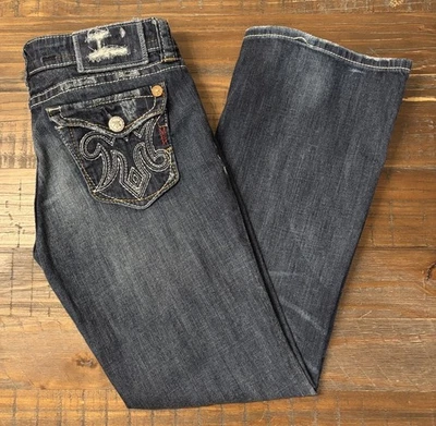 Pantalones de mezclilla MEK para mujer OAXACA talla 29/30 corte bota solapa bolsillo azul desgastado Foto 1 de 4