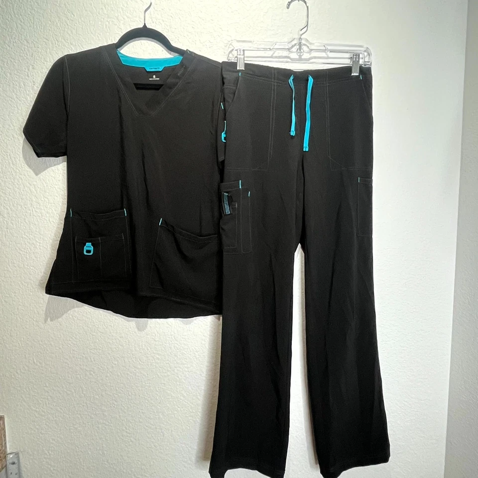 Carhartt Cross Flex Scrub Set Womens Small Black Stretch V Neck Bootcut Medical - Image 1 of 4