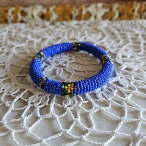 Handmade Beaded Bracelet Bangle Seed Beads Indigenous Native Blue Stiped  - Picture 1 of 4