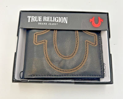 Cartera de hombre True Religion doble pliegue de cuero genuino con logotipo negra nueva con etiquetas Foto 1 de 4