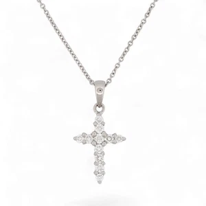 18K White Gold Diamond  Cross Small Pendant Necklace Minimalist - Picture 1 of 5