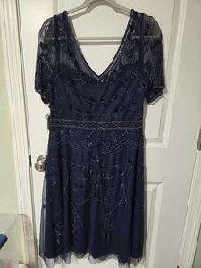 Vestido Adrianna Papell Midi Con Cuentas Azul Marino Claro Talla 14 Boda Invitada Formal Nuevo con Etiquetas - Imagen 1 de 10