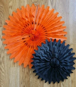2 Vintage Halloween orange schwarz Waben Papier Party Fan Dekoration 26"/17" USA - Bild 1 von 5