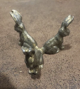 Vintage Pewter Rabbit Trio Figurines 1 1/4” Tall Metal Egg Candle Holder Display - Picture 1 of 4