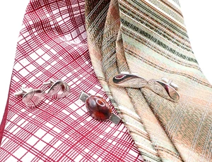 Mens Vintage Lot 2 Geometric Ties, 2 Prs Silver Tone Cufflinks & Agate Tie Clip - Picture 1 of 19