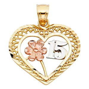 14K Two Tone Gold 15 Years Quinceanera Heart Charm Pendant For Necklace Chain - Picture 1 of 4