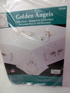 Tobin Stamped Cross Stitch Embroidery Tablecloth GOLDEN ANGEL 50" x 70" - Picture 1 of 3
