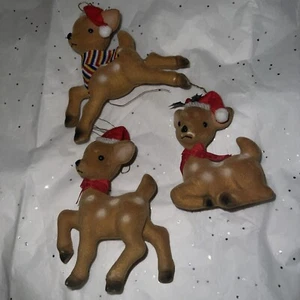 Lot of 3 Flocked Vintage Christmas Reindeer Deer Plastic made in Hong Kong Japan - Picture 1 of 7
