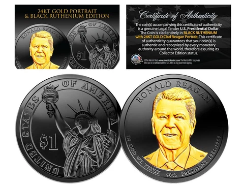 Black Ruthenium 2016 RONALD REAGAN Presidential Dollar Coin w/ 24K Gold (P Mint) Cover