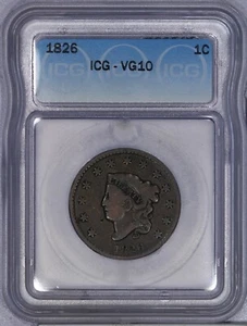 1826 Coronet Head Large Cent 1c ICG VG10 - Picture 1 of 2