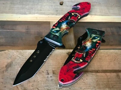 8.5" Wolf Tactical Spring Assisted Folding EDC Pocket Knife with Seatbelt Cutter - Image 1 of 4