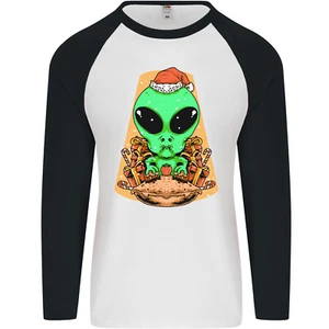 Christmas Alien UFO Santa Space Ship Funny Mens L/S Baseball T-Shirt - Picture 1 of 9