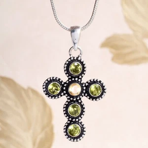 Peridot Cut & Citrine Gemstone 925 Sterling Silver Cross Pendant Christian Gift - Picture 1 of 8