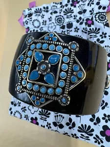 Brighton Hinged black cuff with turquoise and blue stone accents magnetic - Picture 1 of 12