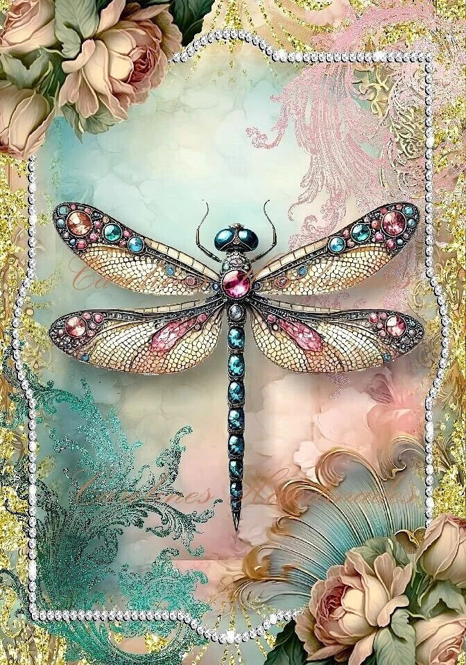 Bejeweled Dragonfly & Roses Designer Cotton Fabric Quilt Block Multi-size - Image 1 of 1