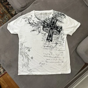 Y2K Black Carbon Men’s XL Felt Cross Unholy Union Double Sided White T-shirt - Picture 1 of 9