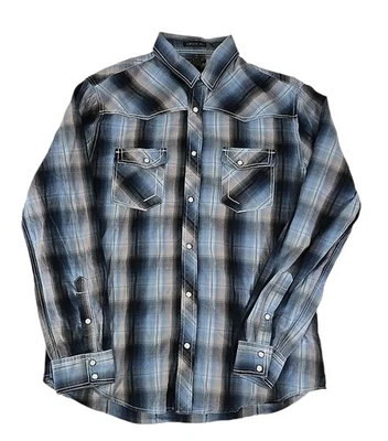 HELIX Mens Athletic Fit Pearl Snap Western Long Sleeve Shirt Blue Plaid Large L - Image 1 of 4