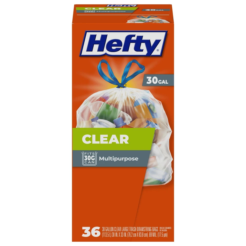 Hefty E85743 Recycling Trash Bags Clear Drawstring 30 Gallon 36 Count