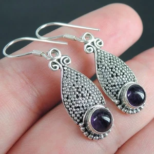 925 Sterling Silver Ethnic Dark Purple Amethyst Earrings Jewellery - Picture 1 of 6
