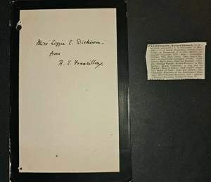 R. E. Francillon signiertes Präsentationsblatt an Lizzie Dickinson + Bio-Clipping,... - Bild 1 von 3