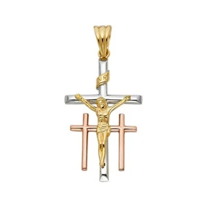 14K Tri Color Gold Religious Crucifix Pendant For Necklace or Chain - Picture 1 of 4