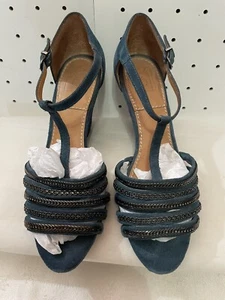 Bacio 61 Suede Blue & Silver Wedge Shoe Women’s Sz 8m 34.00 - Picture 1 of 8