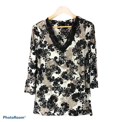 SOMA INTIMATES Women's Small Black Ivory V Neck Floral Print Lounge Top Soft - Image 1 of 4