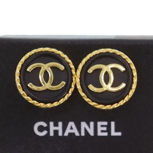 CHANEL CC Logos Used Round Earrings Gold Black Clip-On 97P France #AG754 S - Picture 1 of 10