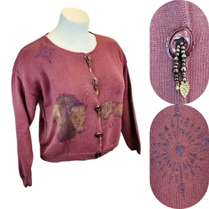 Painted Buffalo Cardigan Sweater Women L Burgundy Knit Long Sleeve Boho Native - Picture 1 of 13
