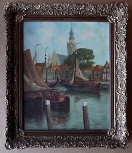Antique Original Realistic oil painting on canvas "Quiet Harbor" Signed Framed - Picture 1 of 3