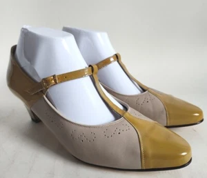 Vintage T-Strap Mary Janes Neutral Mustard Yellow Two Tone Pumps Size 6 England - Picture 1 of 12