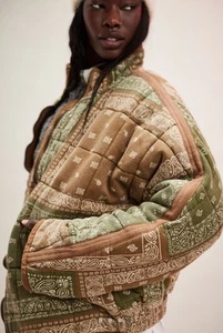 Free People Printed Dolman Quilted Knit Jacket Bandana Army Green XL - Picture 1 of 7