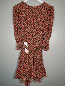 BNWT NEW TOPSHOP DRESS 16 ROSES BLACK PLUNGE BACK BELTED 37" VE11 - Picture 1 of 11