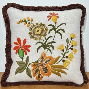 Vintage 70er MCM Crewel Stickerei Wildblumen Cottagecore Oma Kissen 15x15 - Bild 1 von 16