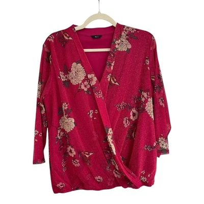 M&Co Hot Pink Sparkly Floral 3/4 Sleeve Pretty Blouse Top 14 - Image 1 of 4