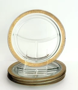 Anchor Federal ? Depression Clear Glass Divided Dinner Plates Gold Gilt Set of 4 - Picture 1 of 2